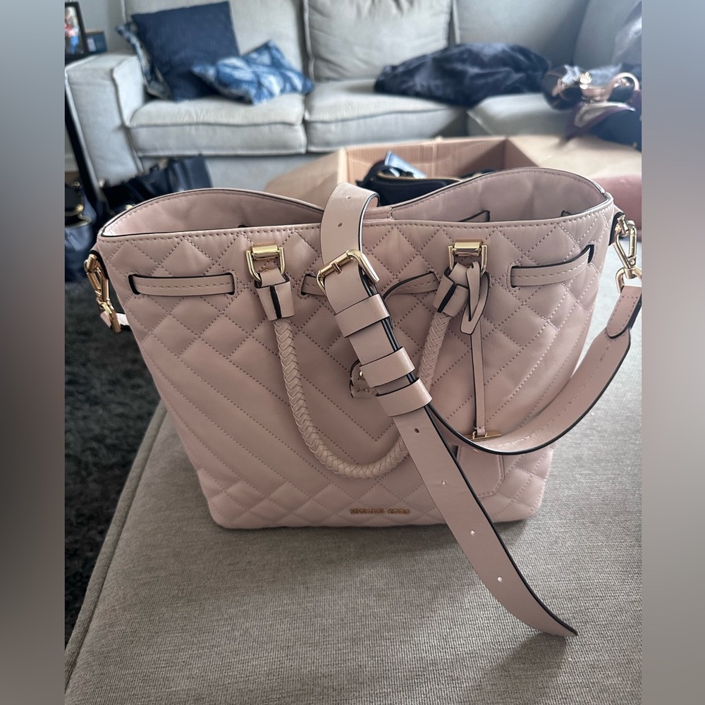 Michael Kors Soft Pink Blakely Medium Quilted Leather Bucket Bag w/ gold accent